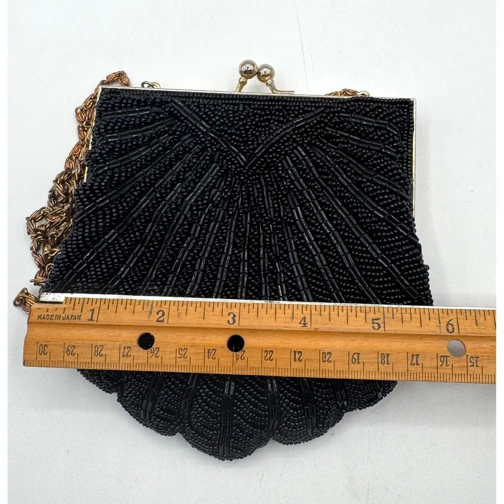 Walborg Vintage Black Beaded Shell Clutch Evening Bag Gold Chain Strap Hong Kong